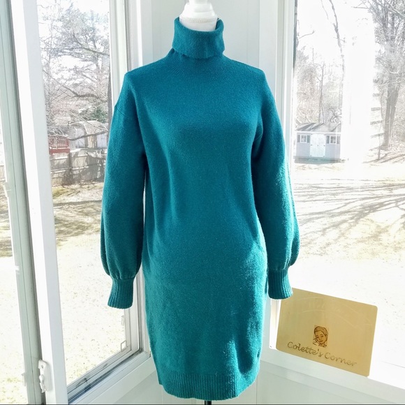 J.Crew Teal Green Puff Sleeve Turtleneck Sweater Knee Length Dress - Picture 2 of 9